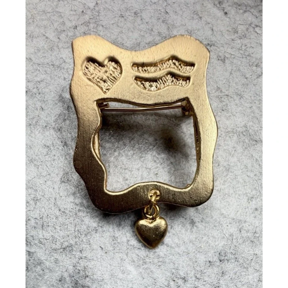 Vintage Gold Tone Modernist Open Square Brooch Heart Dangle Abstract Pin